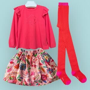 Oilily Ruffled Top, Floral Skirt, 3-D Tights Size 104 (4 Years) Pink Red Orange